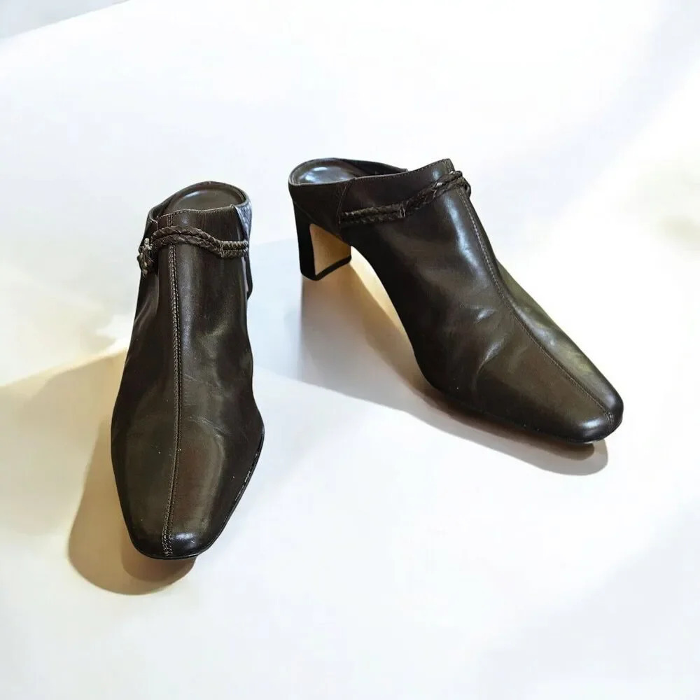 Brighton Twist Brown Leather Slip On Mules Heel Shoes Size 9.5 Pointed Toe